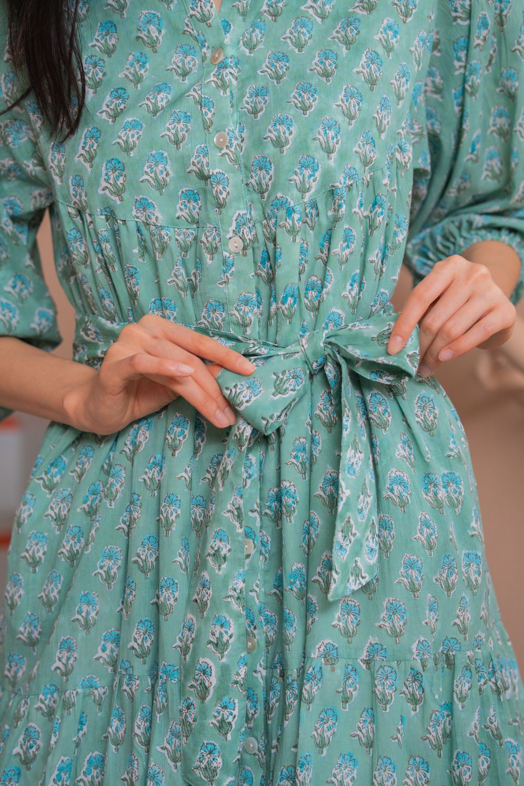 Turquoise floral block print cotton dress with belt