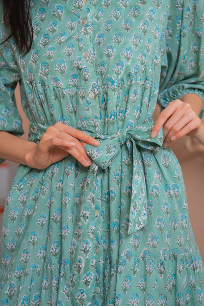 Turquoise floral block print cotton dress with belt