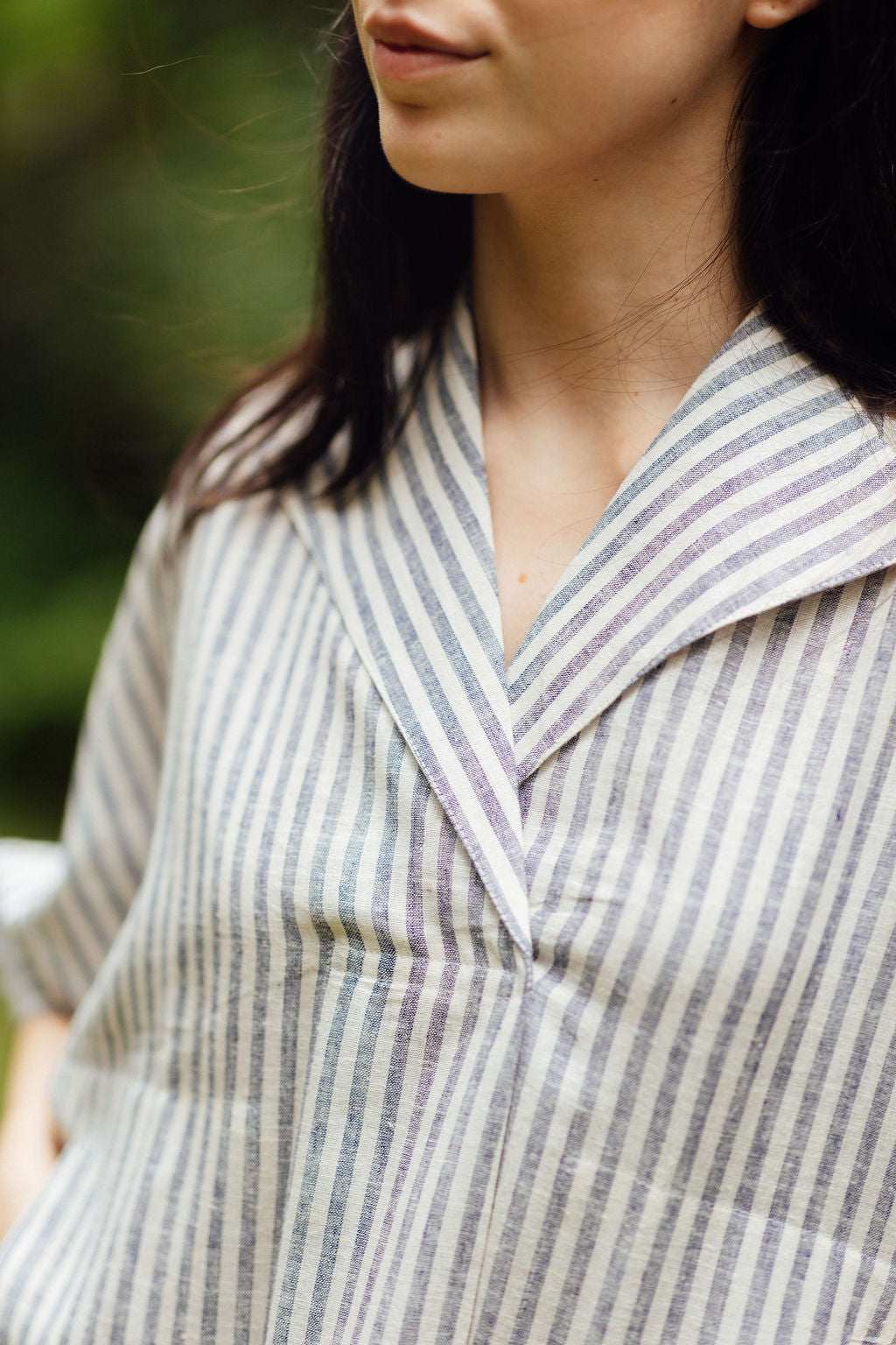 Women's Goa Top in Slate Linen lightweight striped linen shirt with wide sleeves and collar