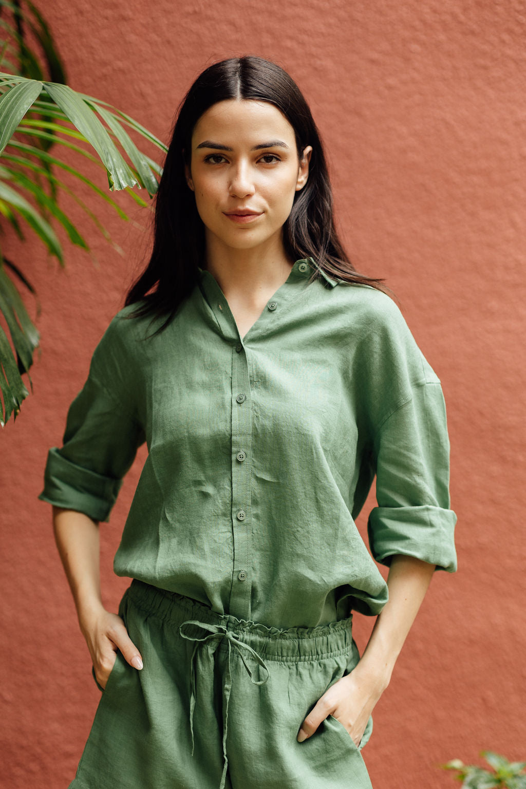 Women's sage green linen shirt and shorts tropical clothing Singapore resort wear