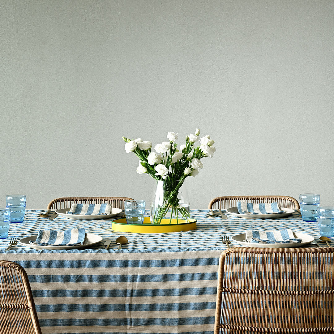 Blue and White Striped Linen Table Cloth