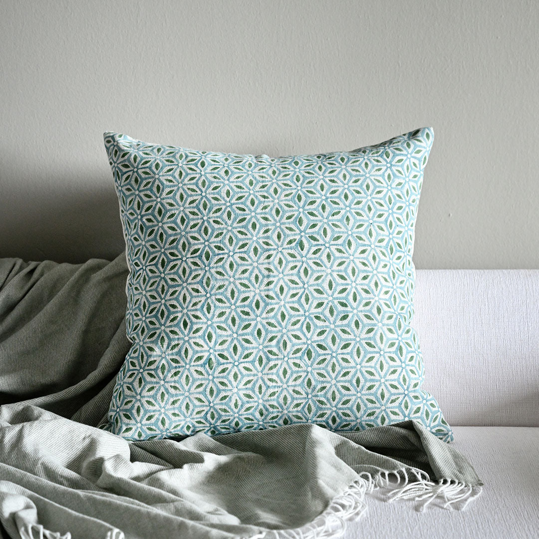 Teal Ble Sky Blue Green Geometric Pattern Linen Cushion