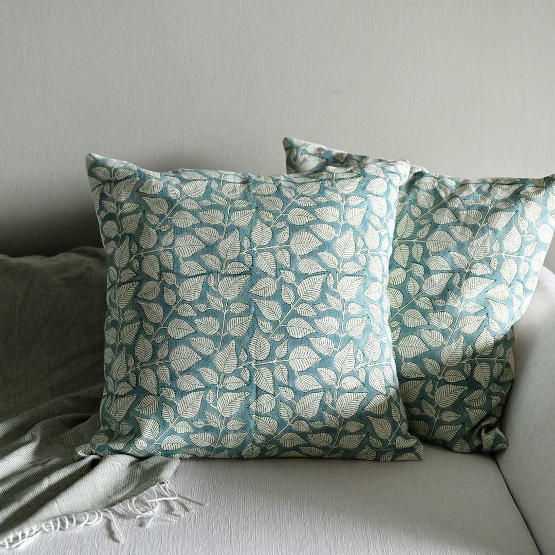 Sky Blue Leaf Pattern Linen Cushion