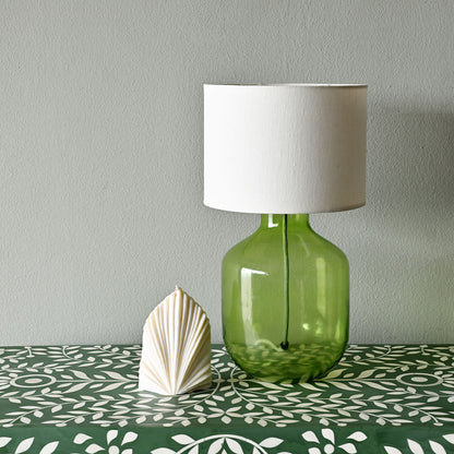 Green Glass Lamp with Linen Drum Shade