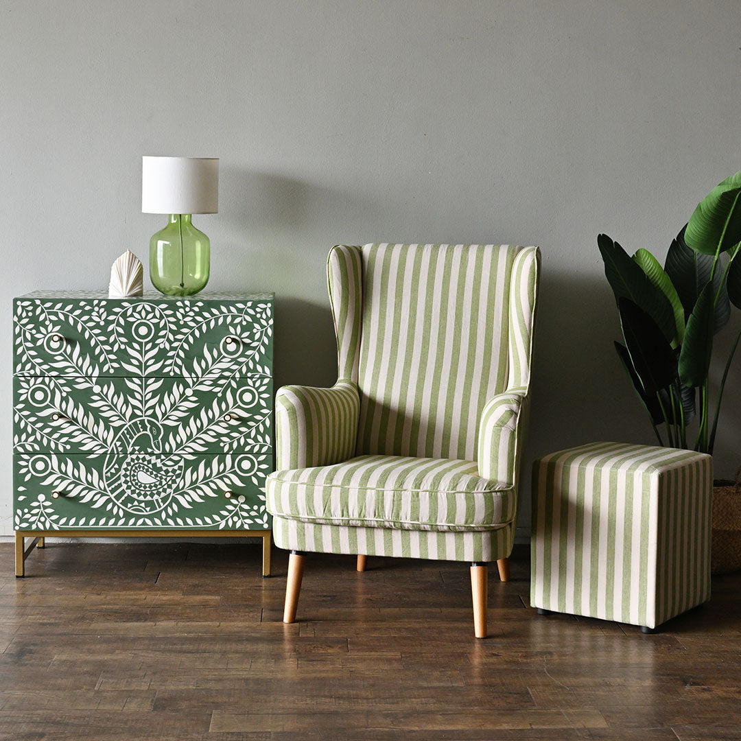 Green Glass Lamp with Linen Drum Shade