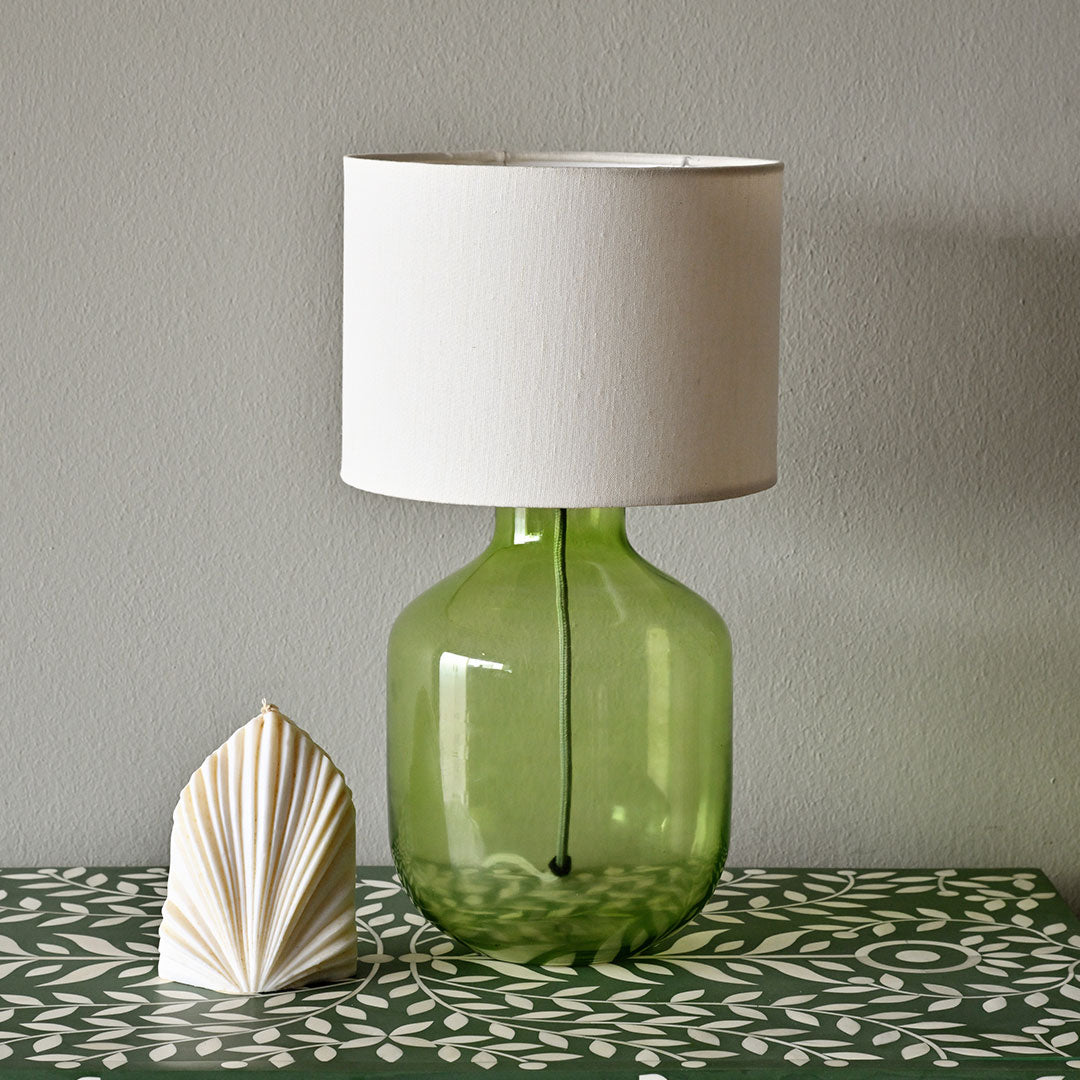 Green Glass Lamp with Linen Drum Shade