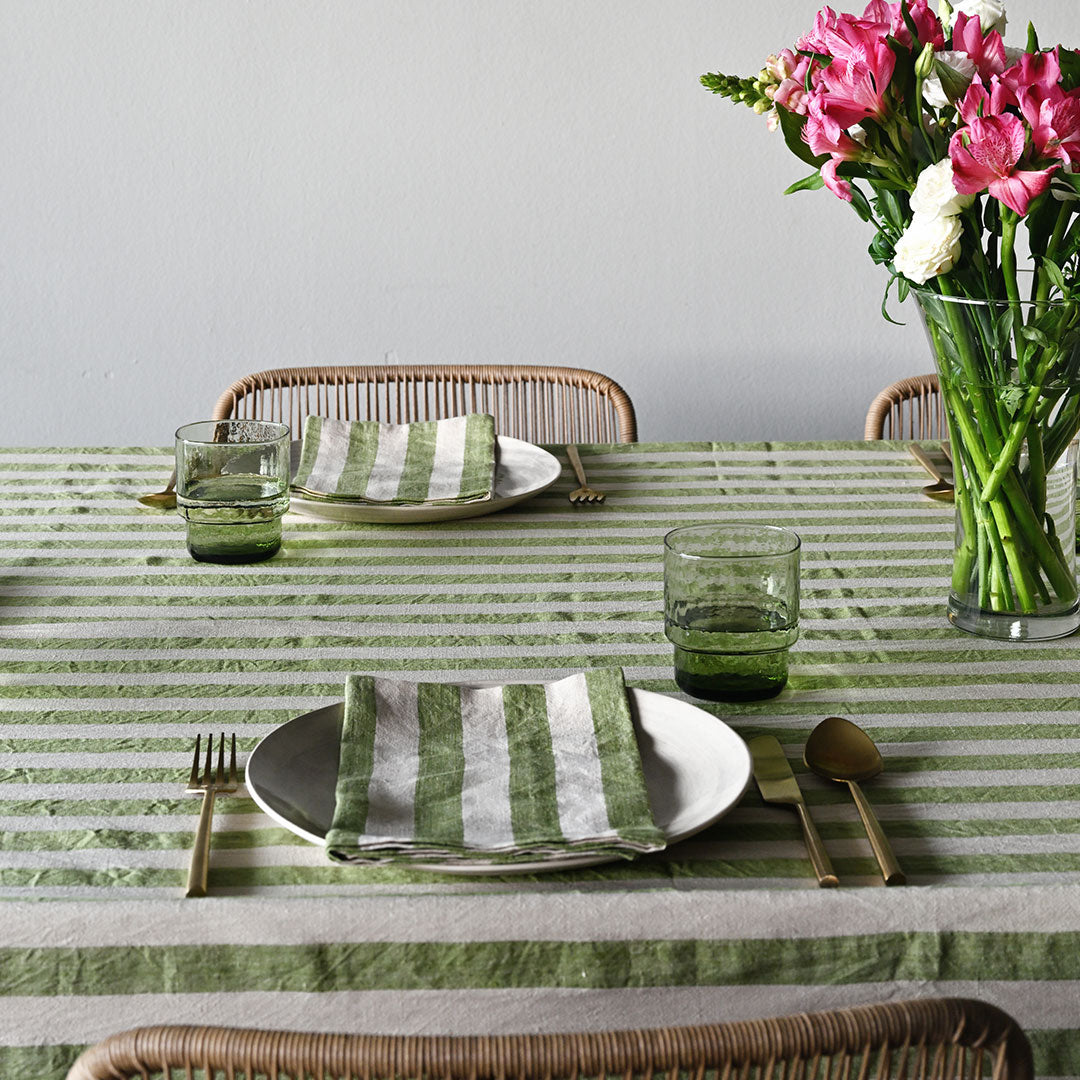 Green Striped Linen Napkin Set