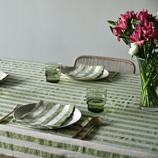 Green Striped Linen Table Cloth