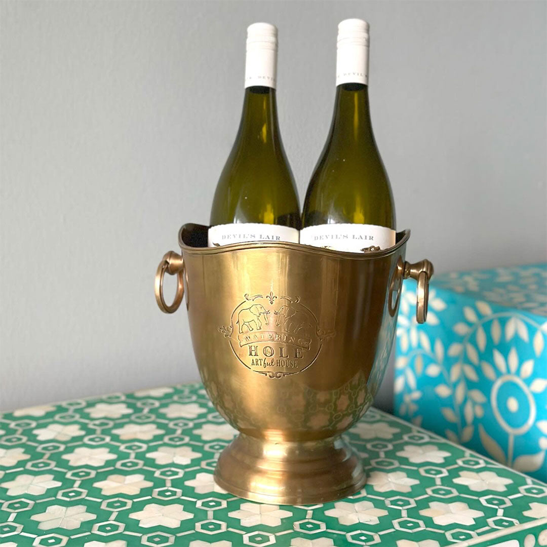 engraved champagne metal bucket. Dull gold finish